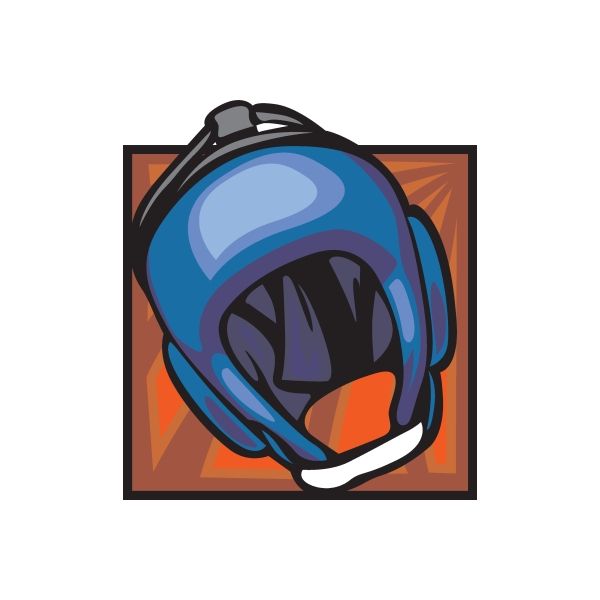 Die-cut vinyl sticker of cartoon blue over-ear headphones with dark emblem in orange square