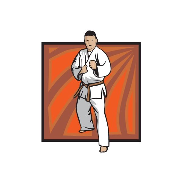 Karate wall decal sticker: martial artist in white gi, black belt, orange burst design