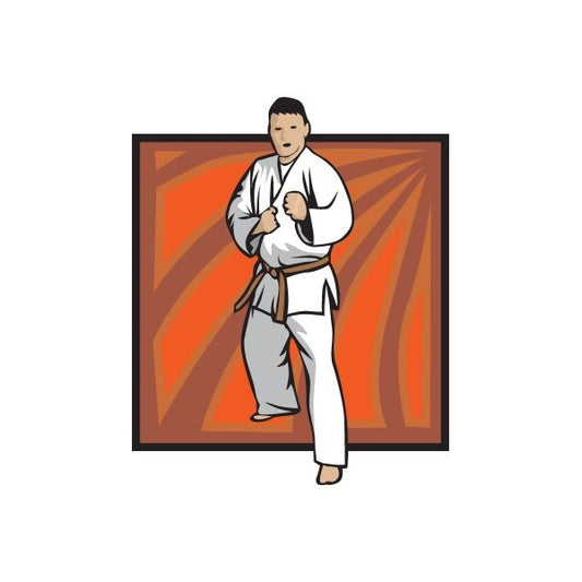 Karate wall decal sticker: martial artist in white gi, black belt, orange burst design