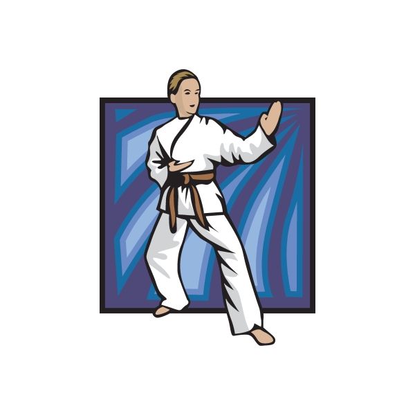 Karate vinyl sticker decal of martial artist in white gi and brown belt, kicking pose