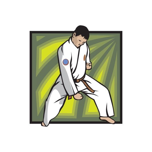 Karate fighter decal: white gi with blue emblem, brown belt, fighting stance
