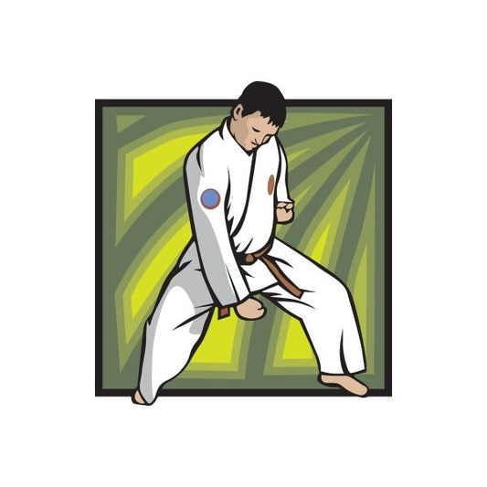 Karate fighter decal: white gi with blue emblem, brown belt, fighting stance