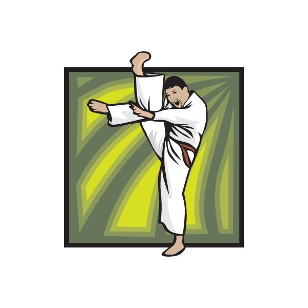 Karate die-cut vinyl sticker of a man in white gi with kick pose, green-yellow rays