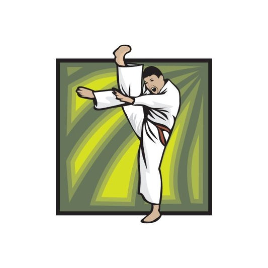 Karate die-cut vinyl sticker of a man in white gi with kick pose, green-yellow rays