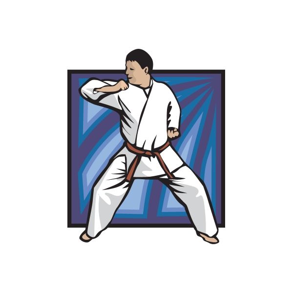 Karate fighter vinyl sticker showing man in white gi with brown belt kick