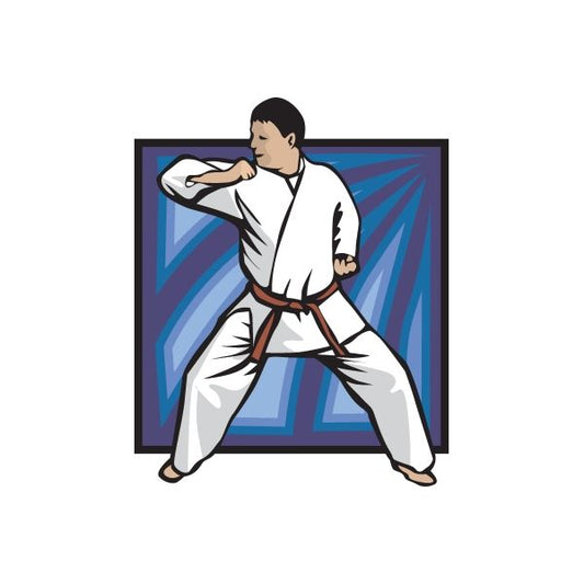 Karate fighter vinyl sticker showing man in white gi with brown belt kick