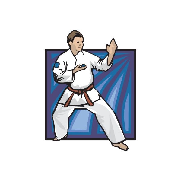Karate wall decal of a martial artist in a white gi with brown belt, kicking pose