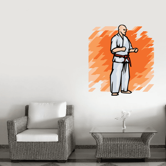 Karate wall decal sticker with martial artist in white gi and orange burst