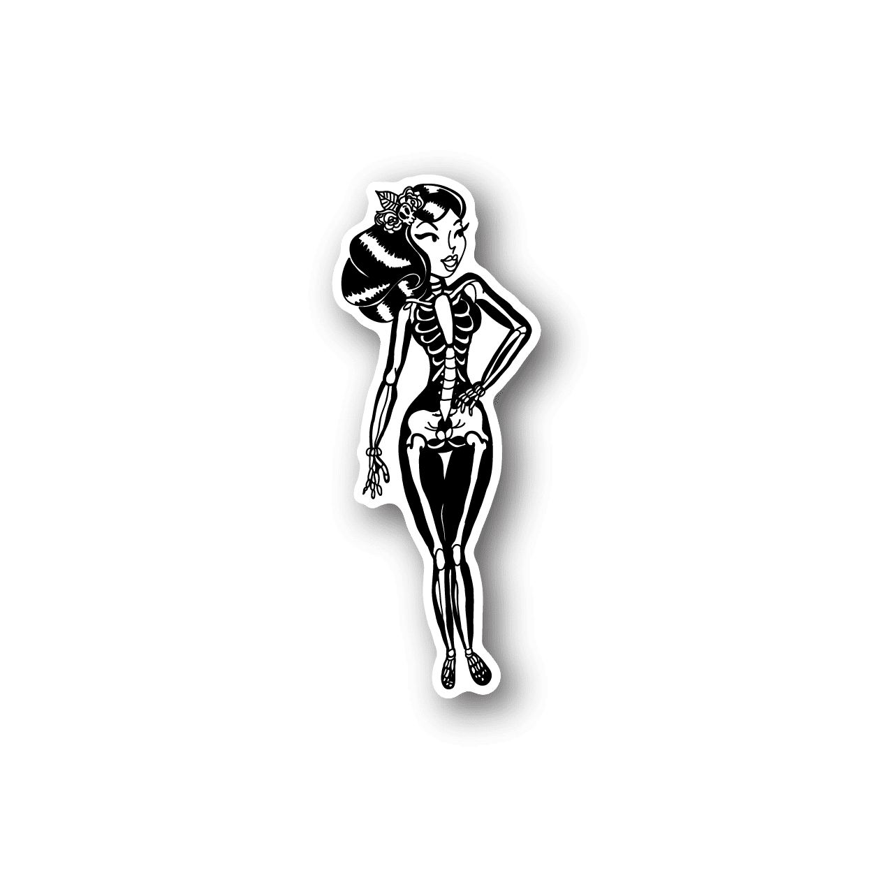 Vinyl skeleton girl sticker with black dress and white bones outline