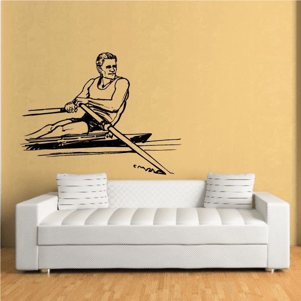 Kayak paddler wall vinyl decal, black line drawing of man rowing kayak