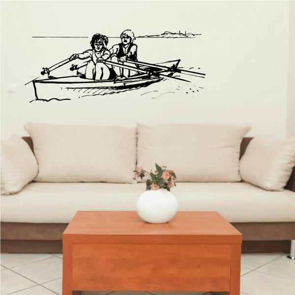 Kayak wall decal with black line art of two people paddling a kayak across water