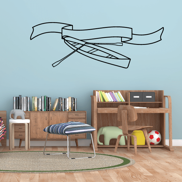 Kayak wall decal featuring outlined kayak with paddle and banner ribbons