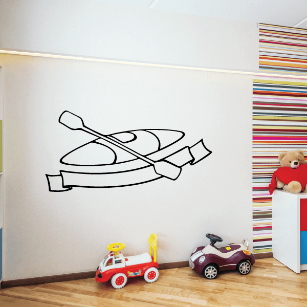 Kayak wall vinyl decal with black outline kayak and paddle on white wall