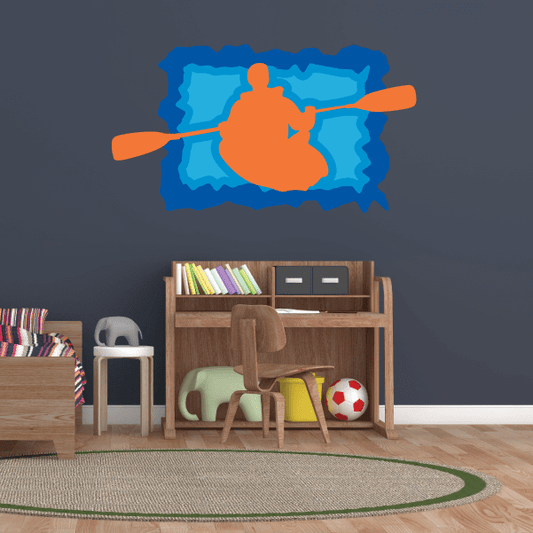 Kayak wall decal sticker with orange kayak silhouette on blue water splash