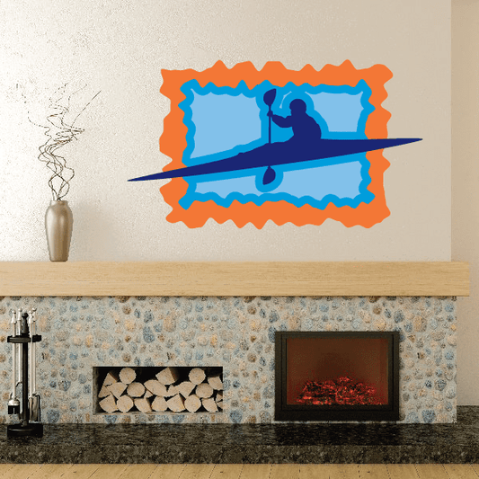 Kayak wall decal sticker with blue kayak silhouette on orange border