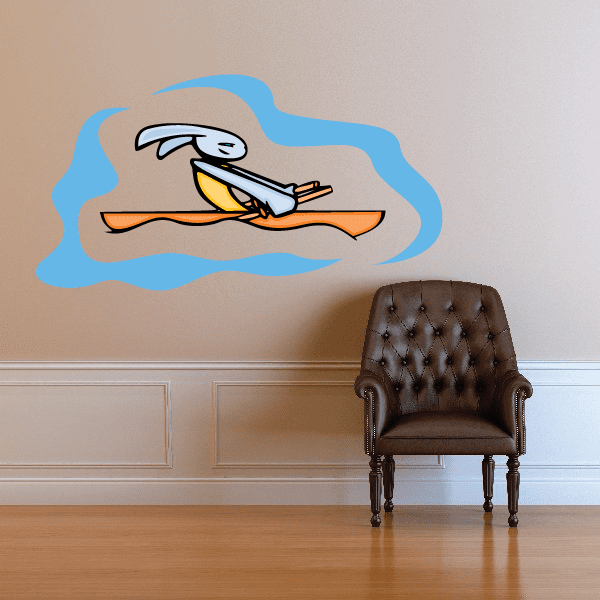 Kayak wall decal vinyl sticker with cartoon kayaker and orange kayak, blue water splash