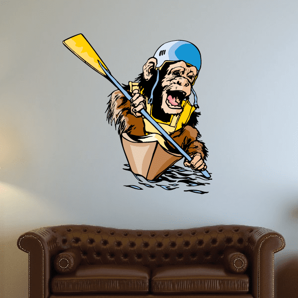 Kayak wall decal of cartoon dog paddling a kayak, blue hat and brown fur