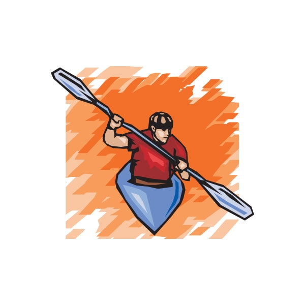Kayaking wall decal of a kayaker with paddle, red life vest and blue pants