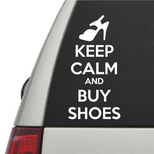 Shoe-themed vehicle decal with white text: KEEP CALM AND BUY SHOES