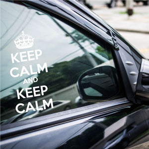 Car window decal with white crown and stacked text "KEEP CALM AND KEEP CALM"