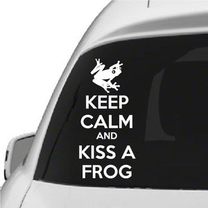 White frog and text vinyl car decal: KEEP CALM AND KISS A FROG