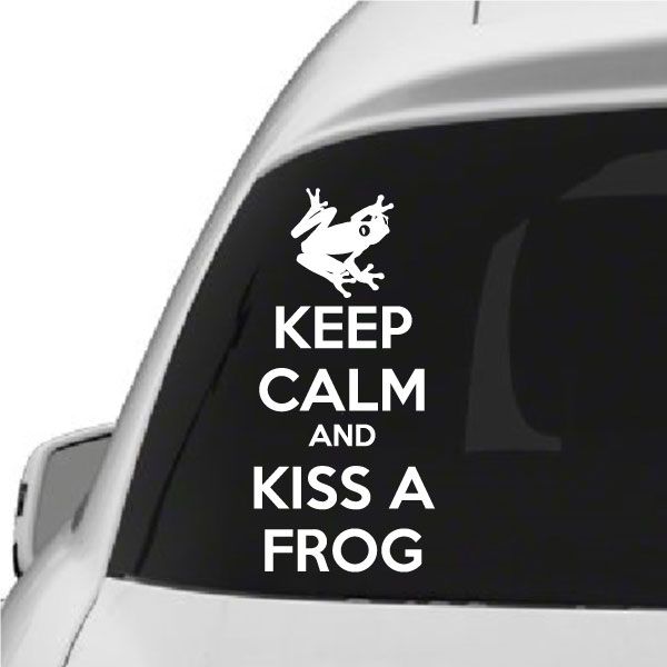 White frog and text vinyl car decal: KEEP CALM AND KISS A FROG