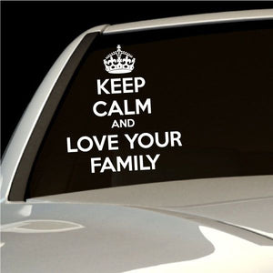 Car window decal with crown and text: KEEP CALM AND LOVE YOUR FAMILY