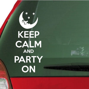 Moon and cat decal with white “KEEP CALM AND PARTY ON” text