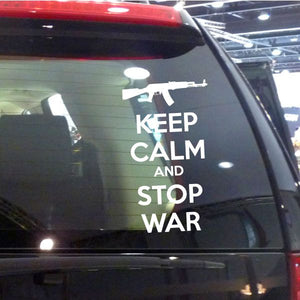 White 'Keep calm and stop war' vehicle window decal