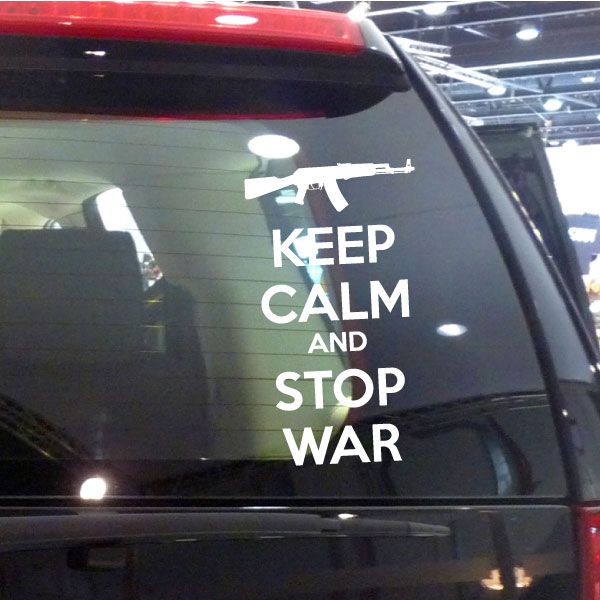 White 'Keep calm and stop war' vehicle window decal