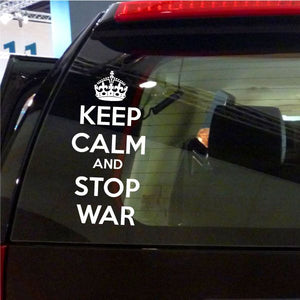 Keep Calm and Stop War decal with crown icon and white text on black background