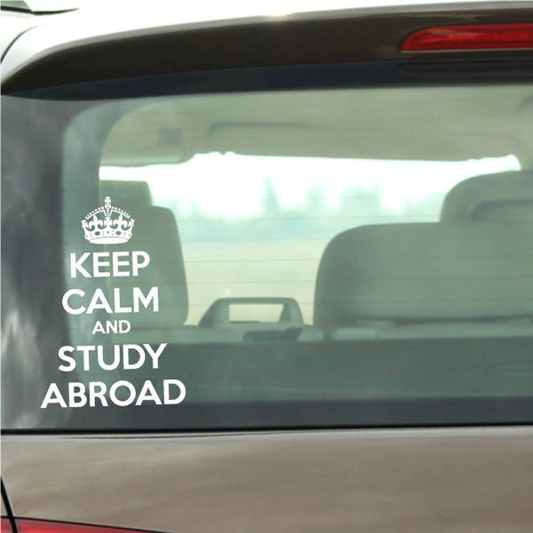 Car window decal with crown icon and white text: "KEEP CALM AND STUDY ABROAD"