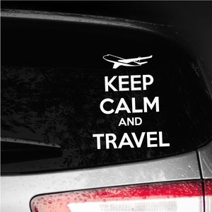 Travel decal with plane icon and white text reading "KEEP CALM AND TRAVEL"