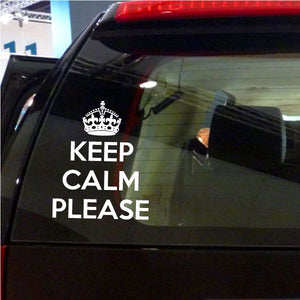 White text car decal reading KEEP CALM PLEASE with a crown emblem