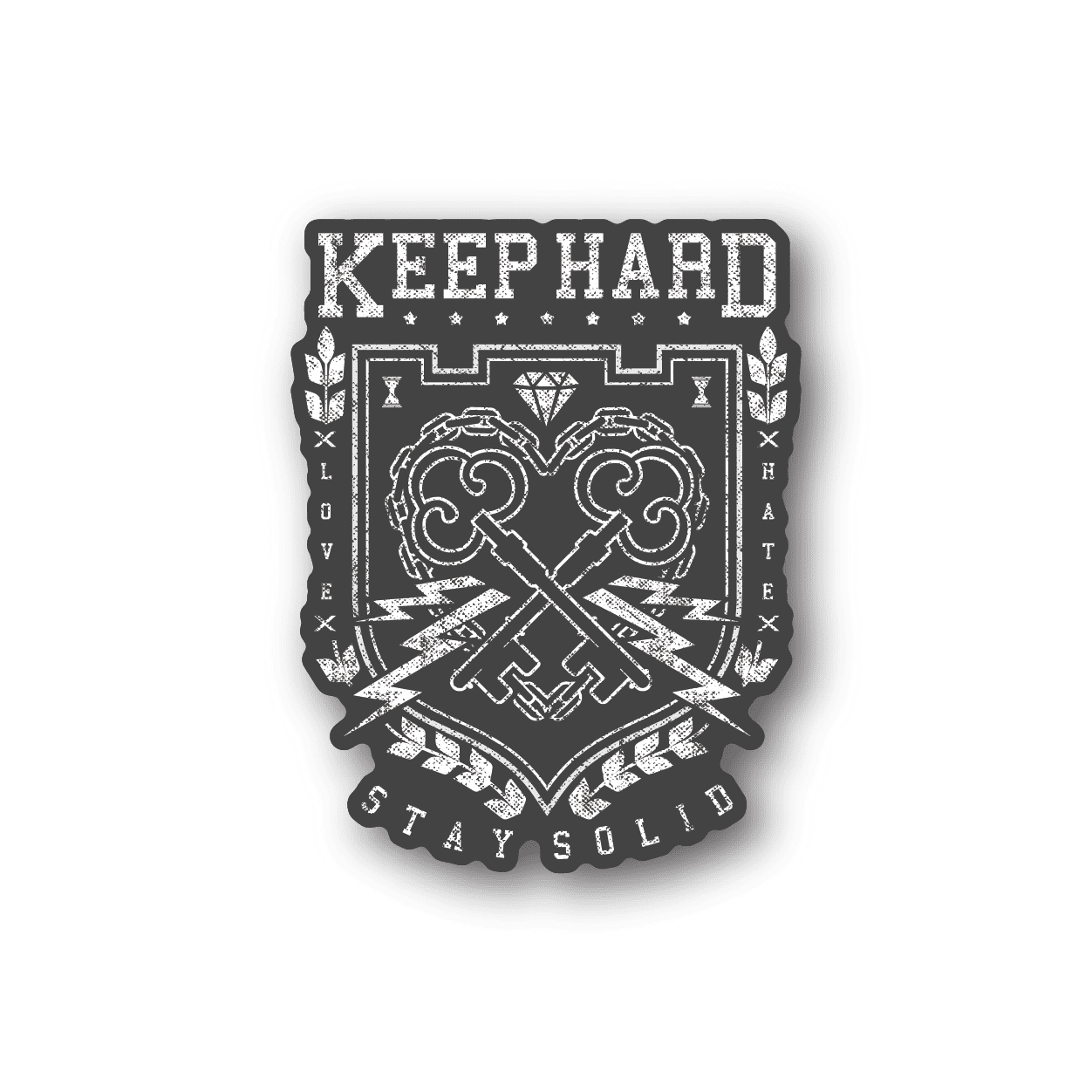 Black vinyl sticker with white Keep Hard text and crest graphic