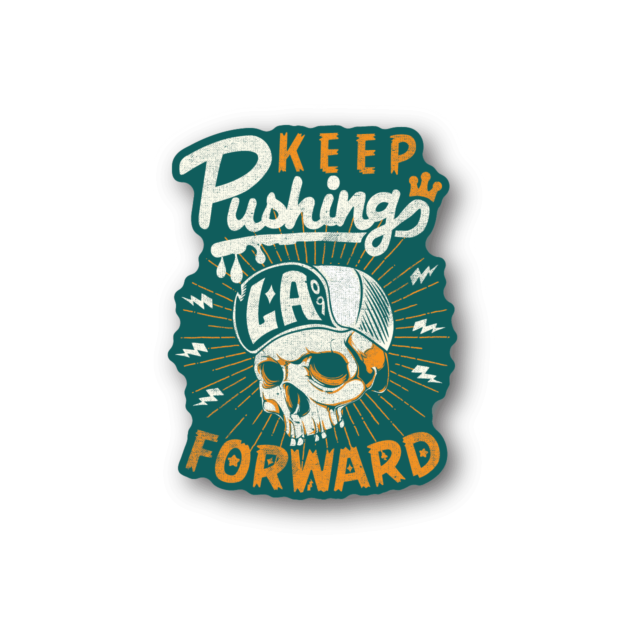 Vinyl sticker with skull wearing goggles and text Keep Pushing Forward