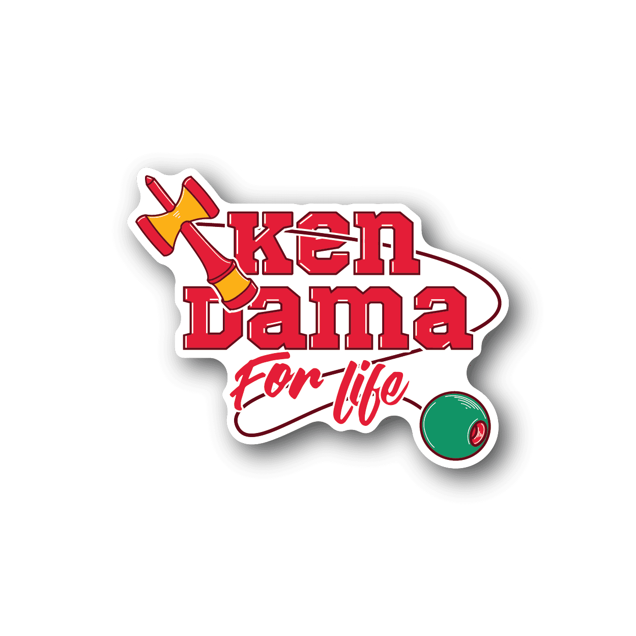 Vinyl sticker with Ken Dama for Life logo, red and white text, green tama ball