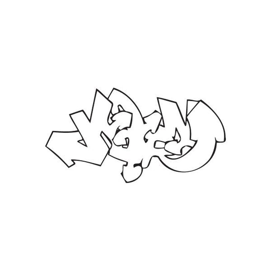Graffiti decal featuring stylized black letterforms and sharp shapes