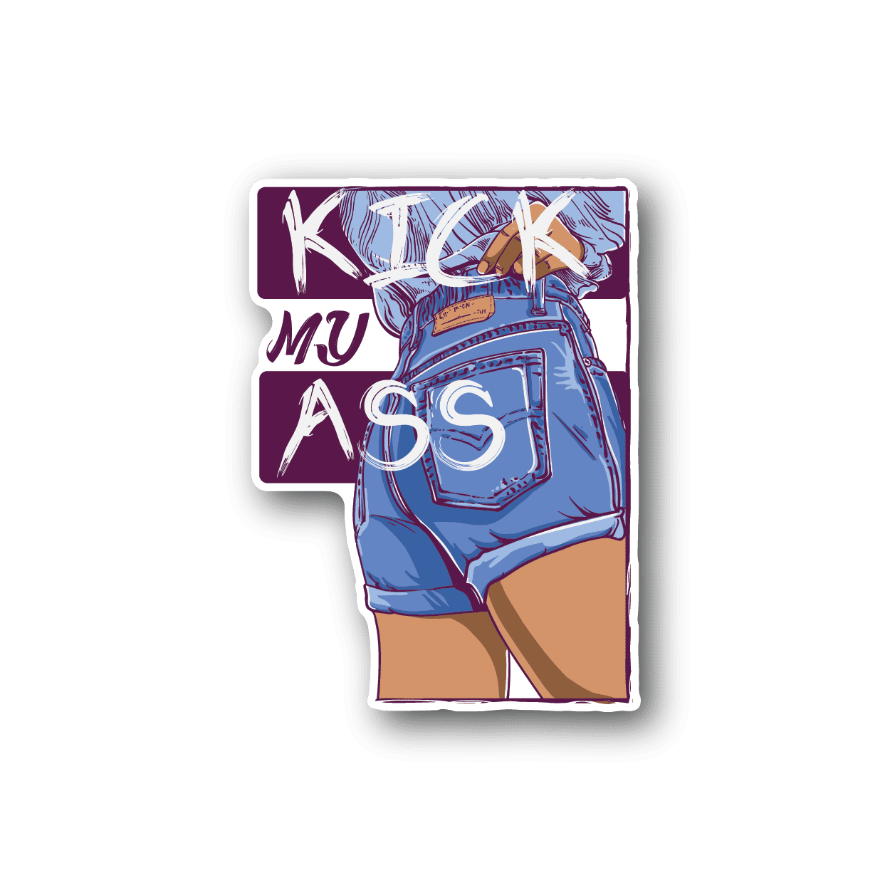 Vinyl sticker with purple and blue jeans graphic and white border outline