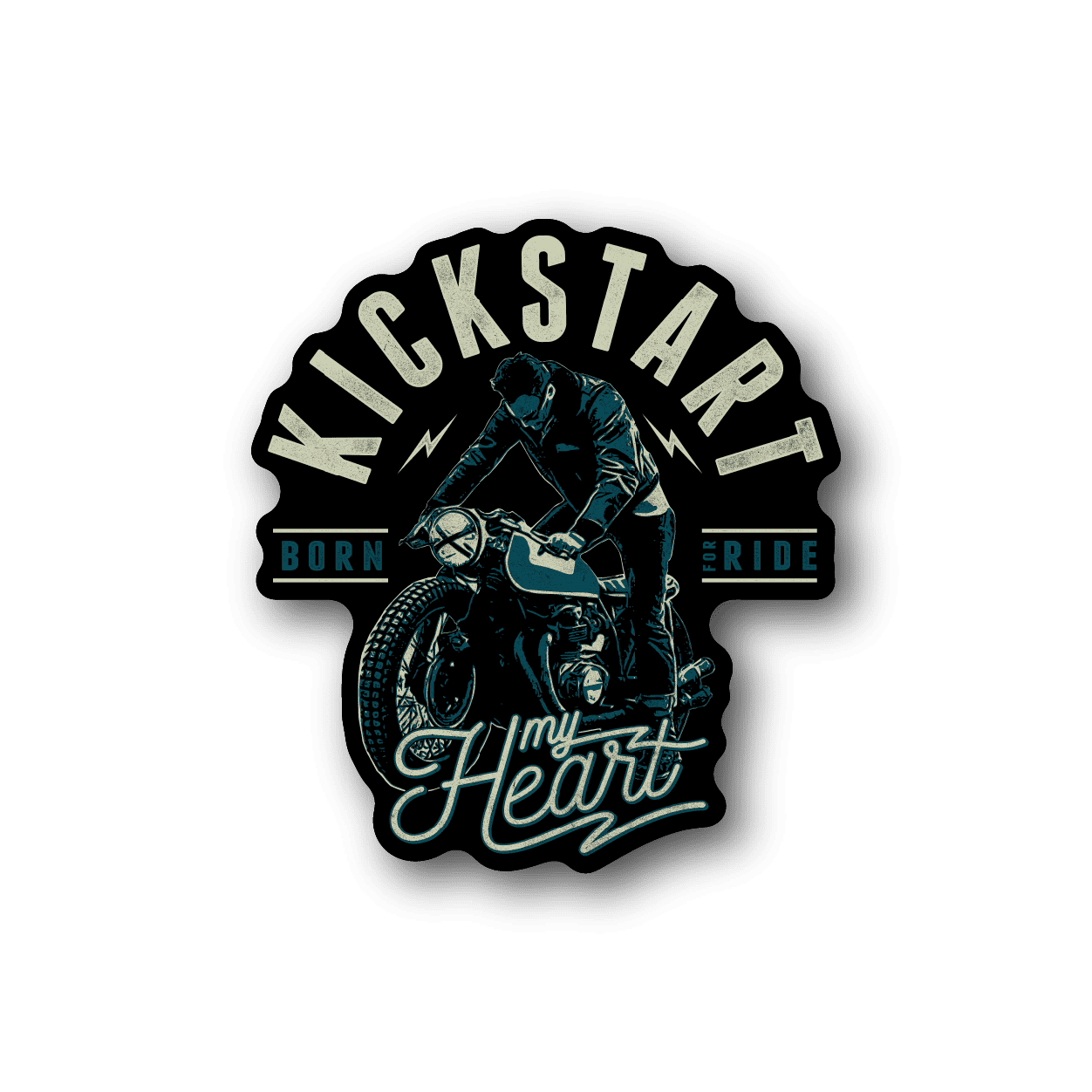 Motorcycle vinyl sticker with rider, bike illustration, and bold blue text