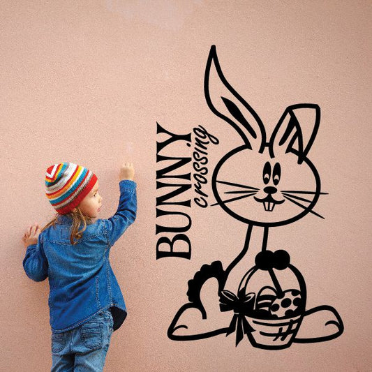 Easter bunny crossing wall decal with cartoon bunny and lettering
