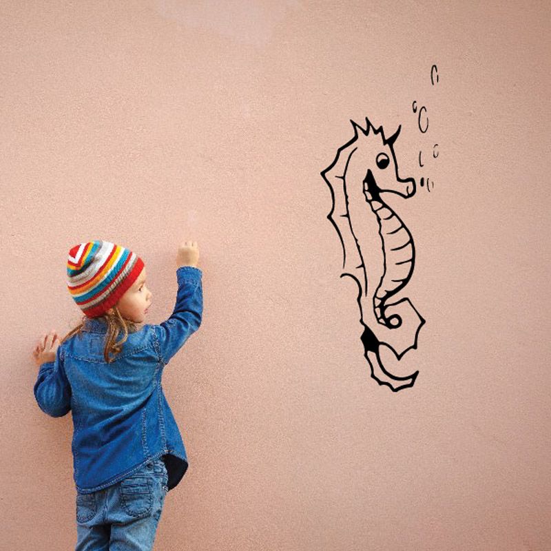 Kids seahorse wall decal with black outline, facing right