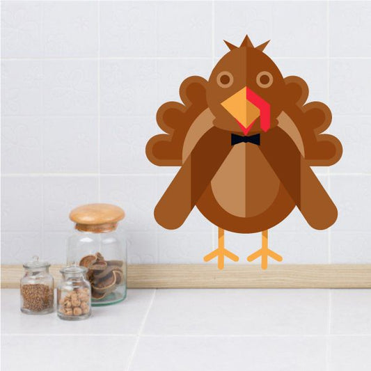 Geometric turkey wall sticker with brown body, orange beak, and colorful accents