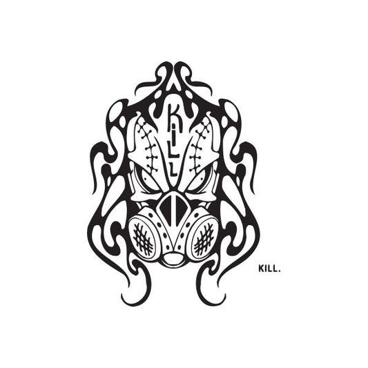 Graffiti gas mask decal with flames, bold black design and 'KILL.' text