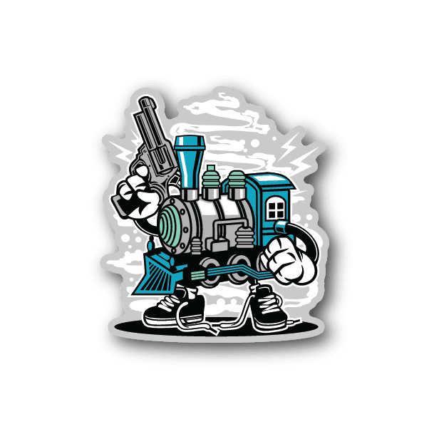Vinyl sticker of a teal steam train with smoke and cartoon engine graphic