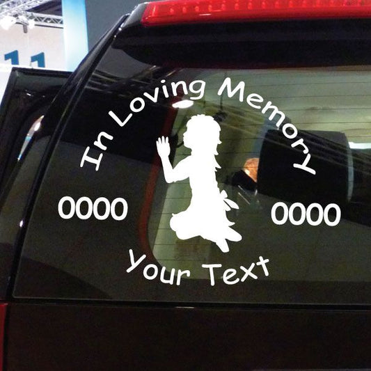 Kneeling girl memorial car decal with In Loving Memory and custom text