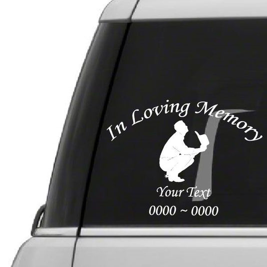Kneeling praying cowboy memorial decal with “In Loving Memory” and custom text