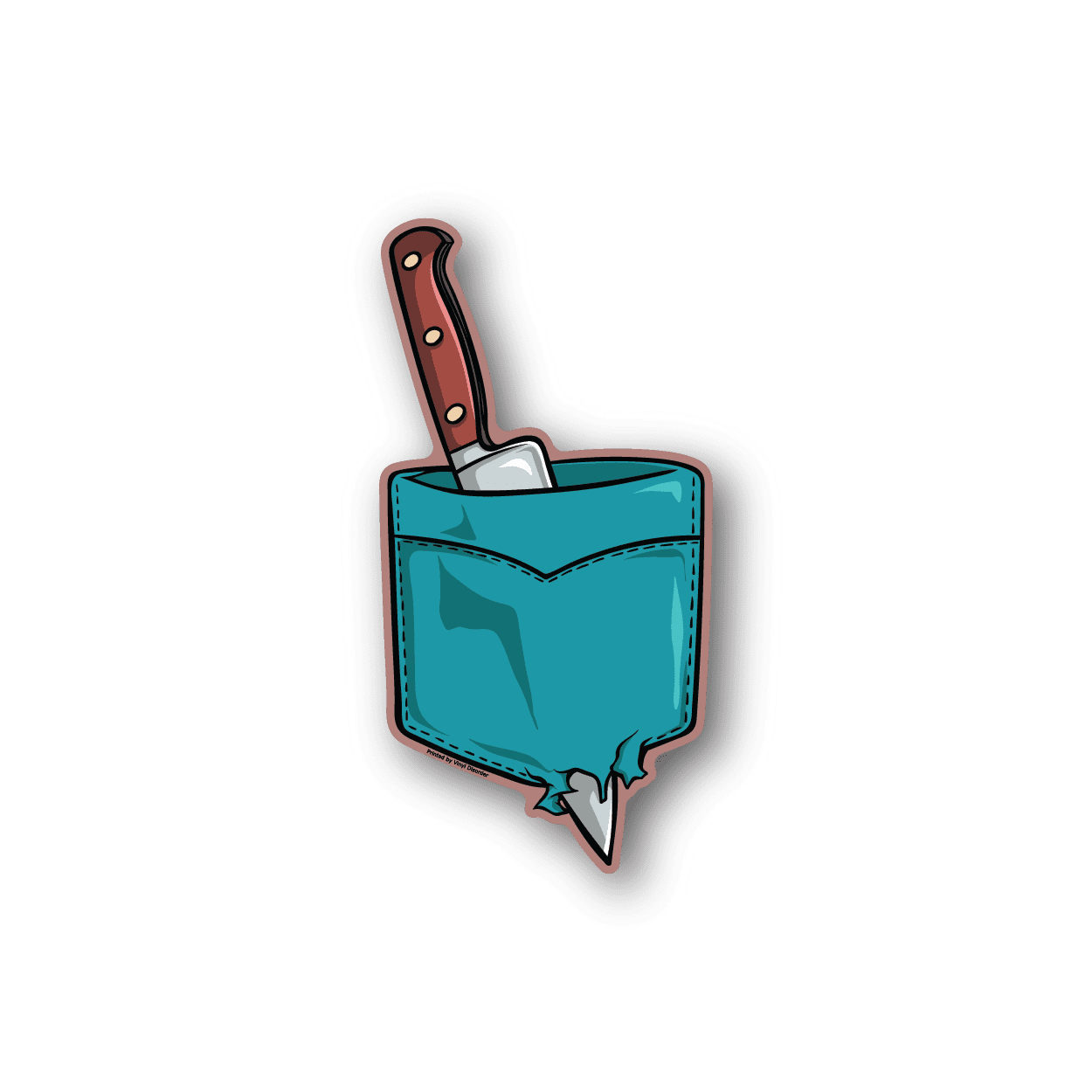 Knife-in-pocket vinyl sticker with teal pocket and brown knife handle