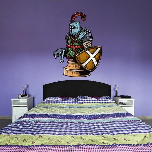 Knight chess piece sticker: blue-armored knight with sword and shield graphic