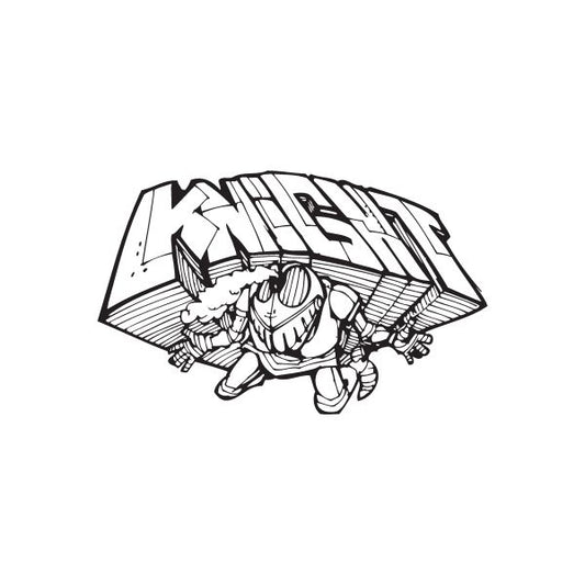 Graffiti knight decal with armored character and sword, black and white